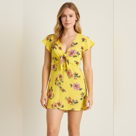 Yellow mustard floral mini dress front tie closure - Picture 1 of 8
